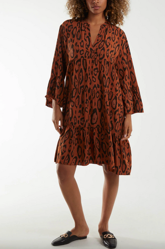 Leopard Print Tiered Mini Dress (Rust)