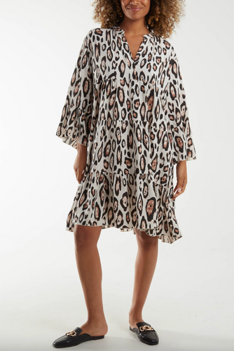 Leopard Print Tiered Mini Dress (Beige)