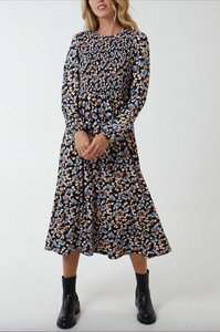 Shirred Smock Floral Midi Dress