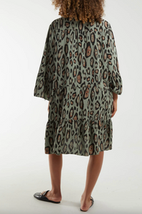 Leopard Print Tiered Mini Dress (Khaki)