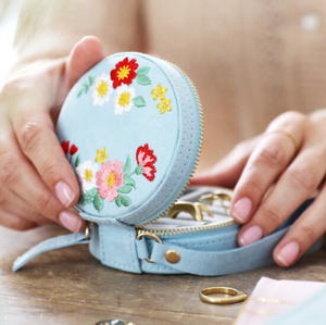 Embroidered Flowers Mini Round Jewellery Case
