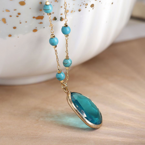 Turquoise Bead Necklace with Teal Crystal Drop