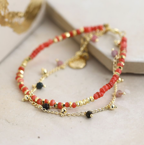 Golden Chain and Coral Bead Bracelet