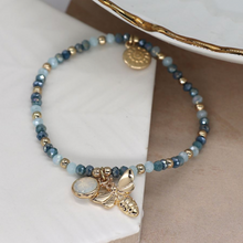 Load image into Gallery viewer, Blue Bead Bracelet with Gold Bee and Crystal