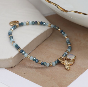 Blue Bead Bracelet with Gold Bee and Crystal