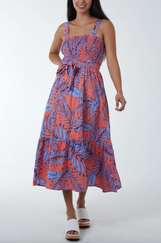 Palm Leaves Belted Midi Dress (Coral)