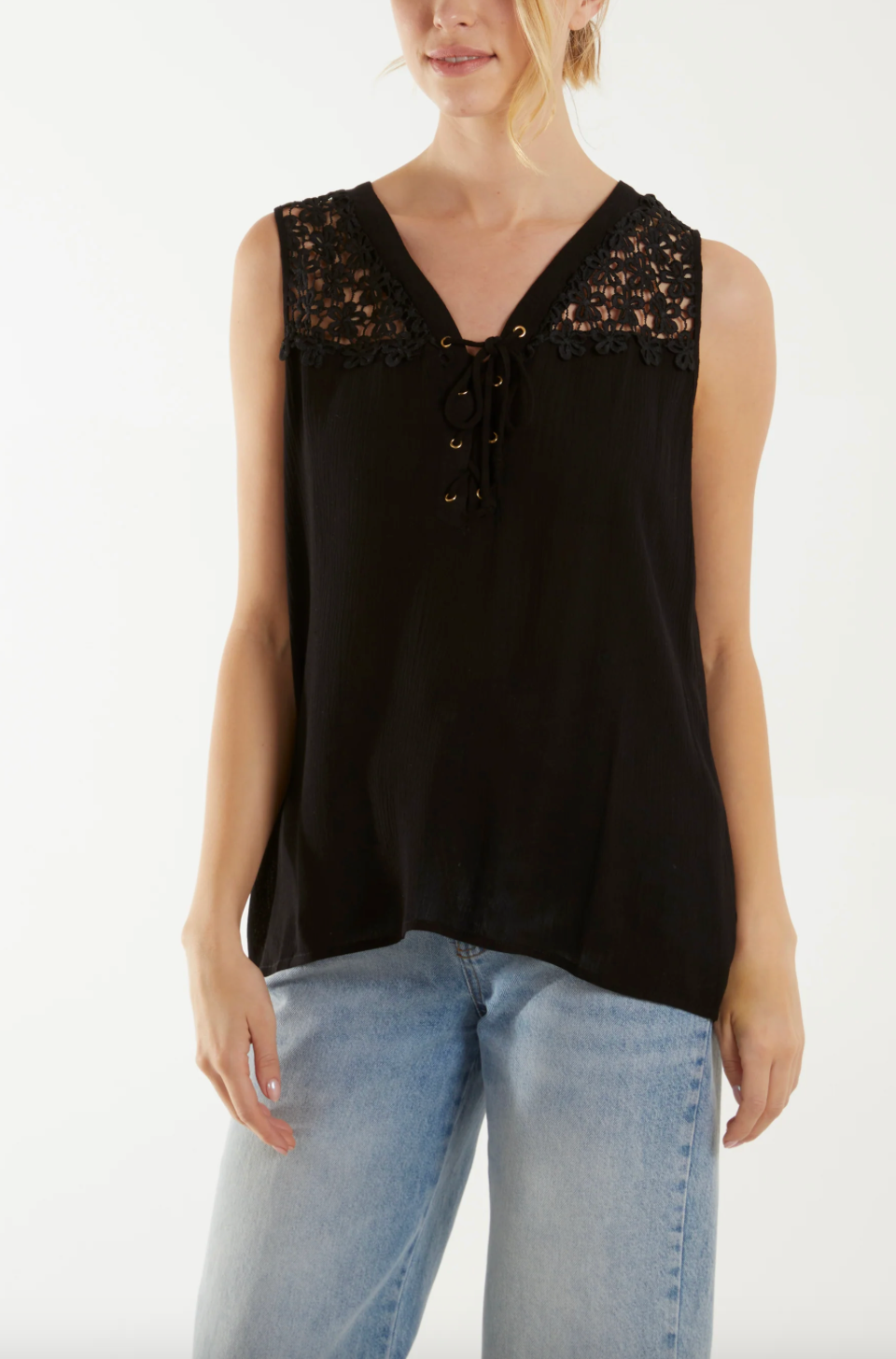 Crochet Shoulder Shoestring Top (Black)