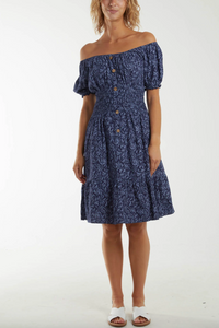 Leaf Print Shirred Waist Midi Dress (Navy)