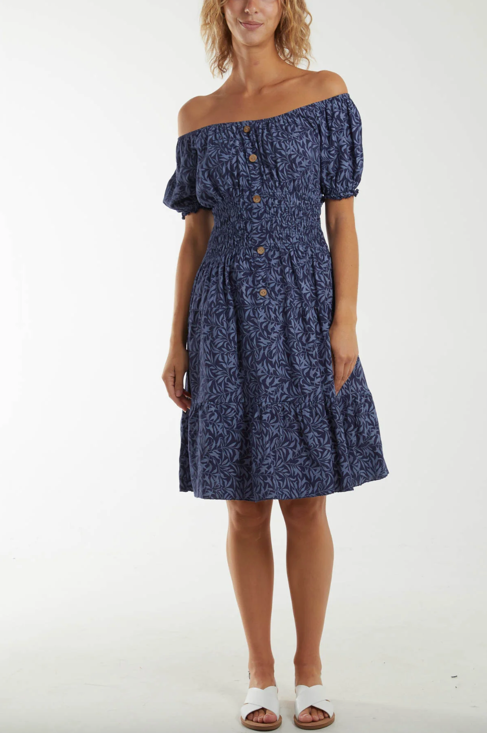 Leaf Print Shirred Waist Midi Dress (Navy)