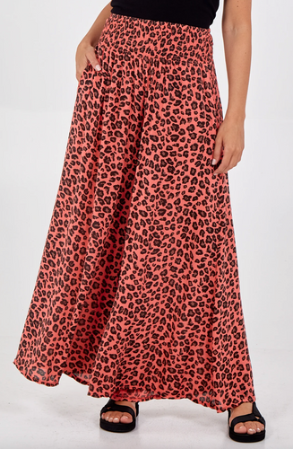 Leopard Print Ruched Waist Wide Leg Trousers (Coral)