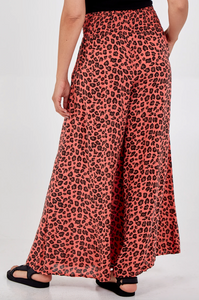 Leopard Print Ruched Waist Wide Leg Trousers (Coral)