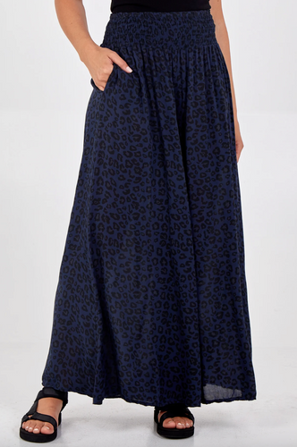 Leopard Print Ruched Waist Wide Leg Trousers (Navy)