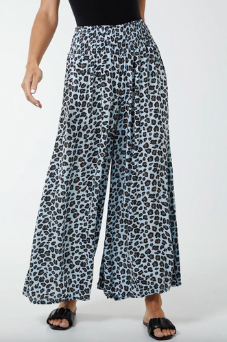 Leopard Print Ruched Waist Wide Leg Trousers (Light Blue)