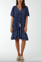 Load image into Gallery viewer, Geometric Print Dress with Tassels (Navy)