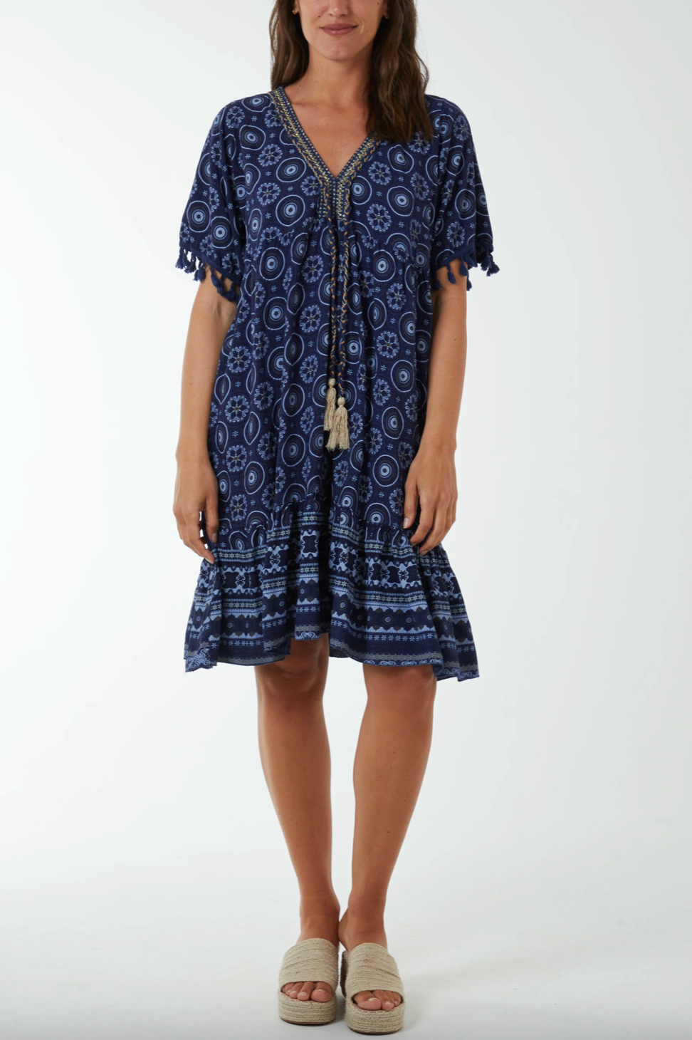 Geometric Print Dress with Tassels (Navy)