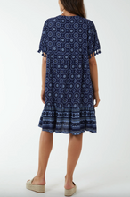 Load image into Gallery viewer, Geometric Print Dress with Tassels (Navy)