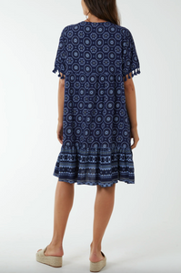 Geometric Print Dress with Tassels (Navy)