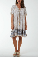 Load image into Gallery viewer, Geometric Print Dress with Tassels (Stone)