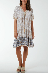 Geometric Print Dress with Tassels (Stone)