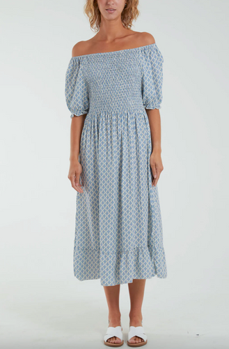 Dabu Print Midi Dress (Denim Blue)