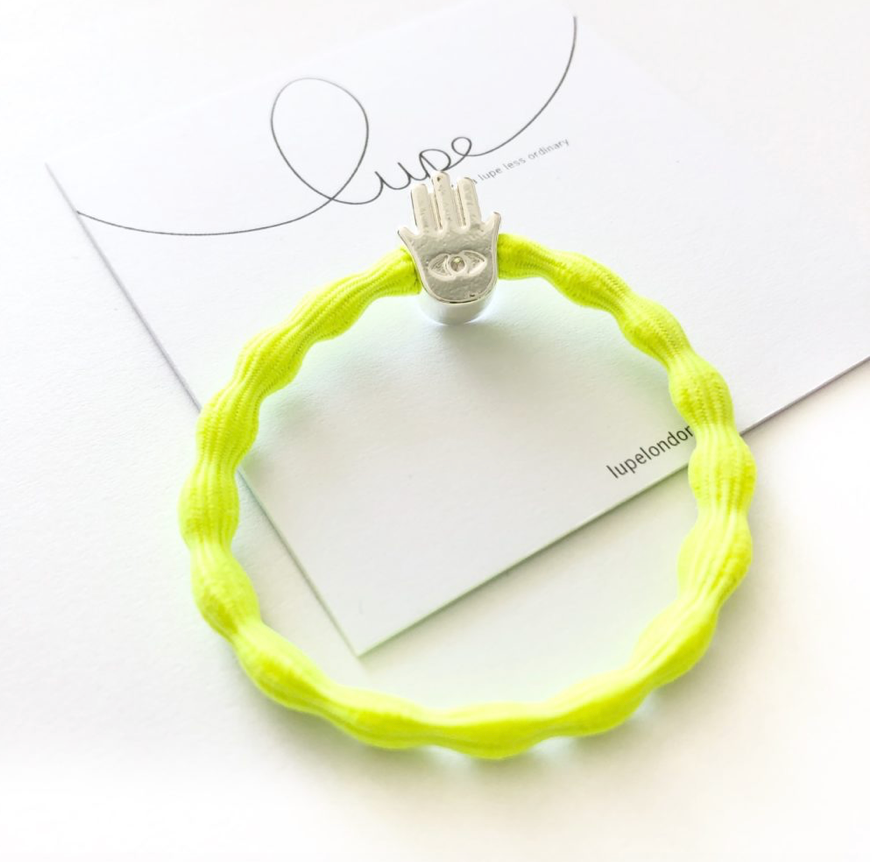 Hair Tie (Silver Hamsa Hand/Neon Green)