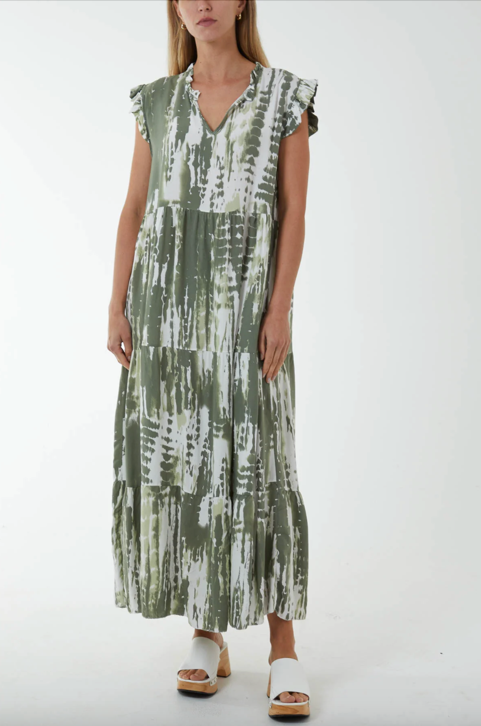 Frill Sleeve Tiered Dress (Khaki)