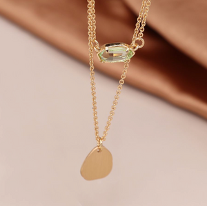 Golden Brushed Drop & Aqua Crystal Double Layer Necklace