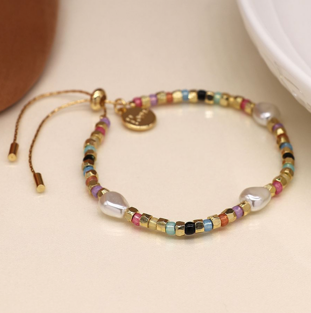 Multicolour Glass Bead, gold & Pearl Bracelet