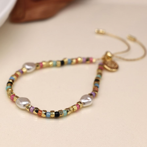 Multicolour Glass Bead, gold & Pearl Bracelet