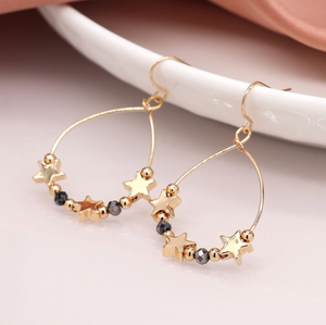 Gold Stars & Black Bead Teardrop Earrings