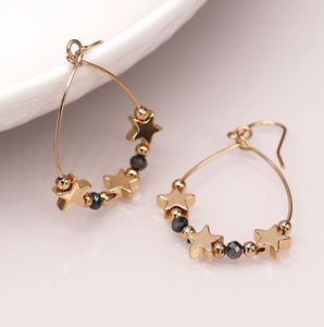 Gold Stars & Black Bead Teardrop Earrings