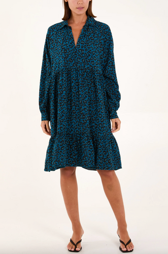 Leopard Print Long Sleeve Smock Dress (Teal)