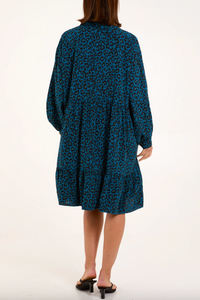 Leopard Print Long Sleeve Smock Dress (Teal)