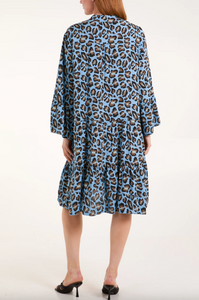 Leopard Print Tiered Midi Dress (Blue)