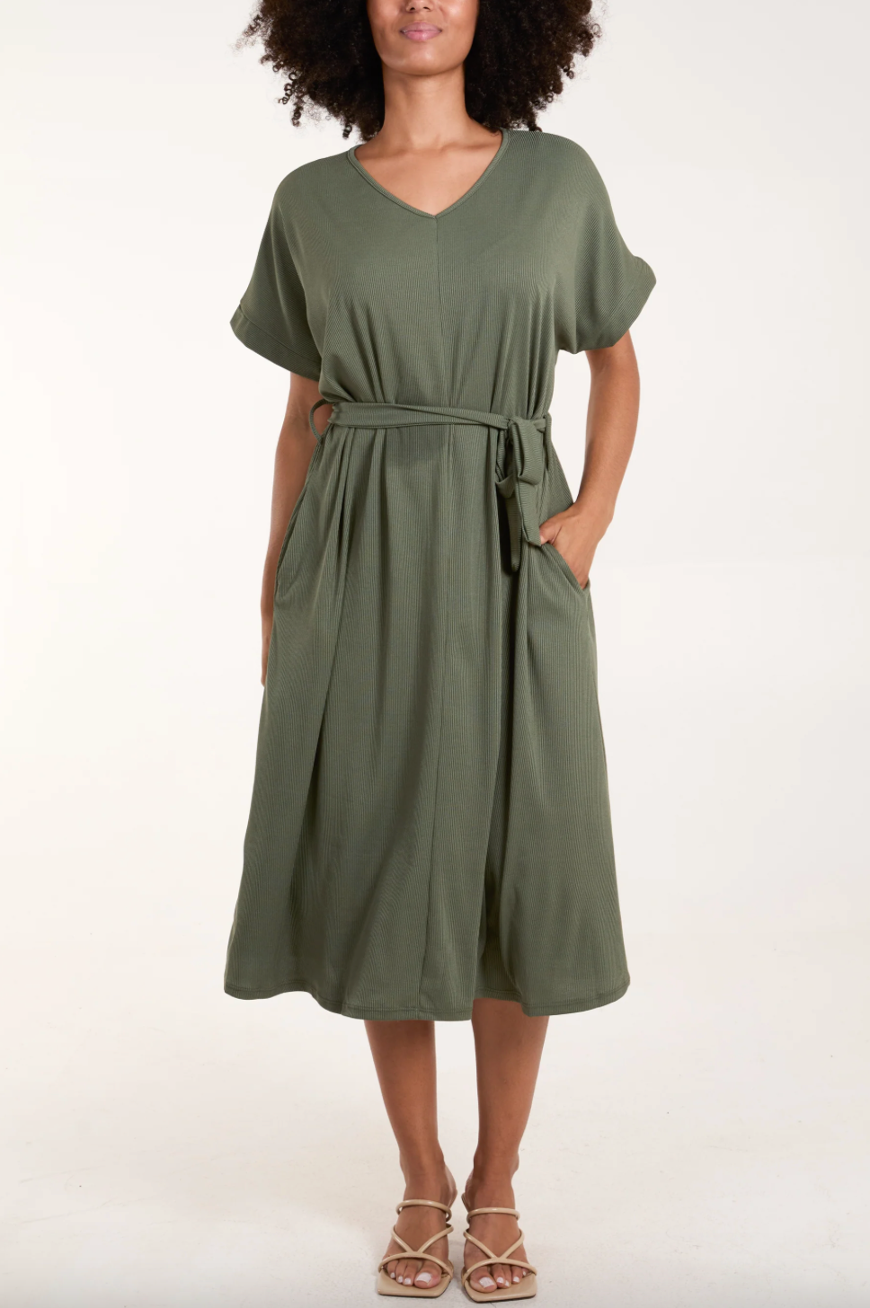 Ribbed Tie Front Midi Dress (Khaki)