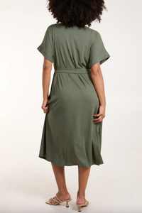 Ribbed Tie Front Midi Dress (Khaki)