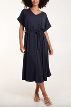 Load image into Gallery viewer, Ribbed Tie Front Midi Dress (Navy)