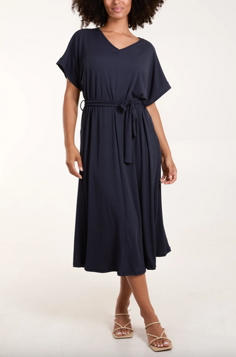 Ribbed Tie Front Midi Dress (Navy)