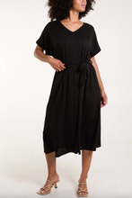 Load image into Gallery viewer, Ribbed Tie Front Midi Dress (Black)