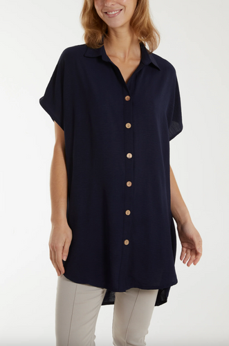 Short Sleeve Button Long Shirt (Navy)