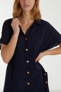 Short Sleeve Button Long Shirt (Navy)