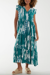 Frill Sleeve Tiered Dress (Bottle Green)