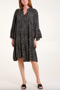 Leopard Print Tiered Midi Dress (Charcoal)