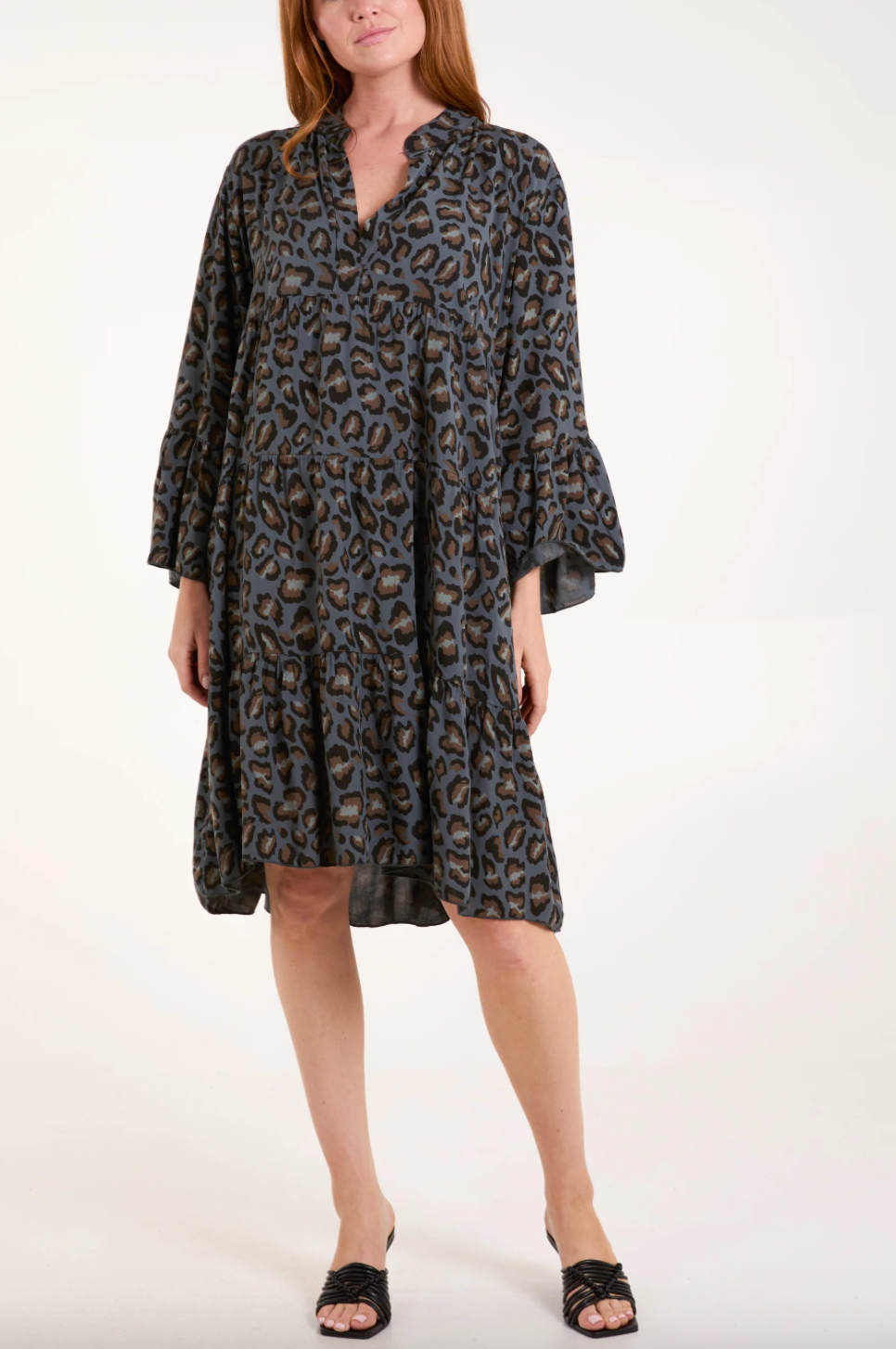 Leopard Print Tiered Midi Dress (Charcoal)