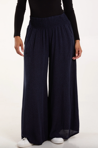 Leopard Print Elasticated Waist Wide Leg Trousers (Navy)