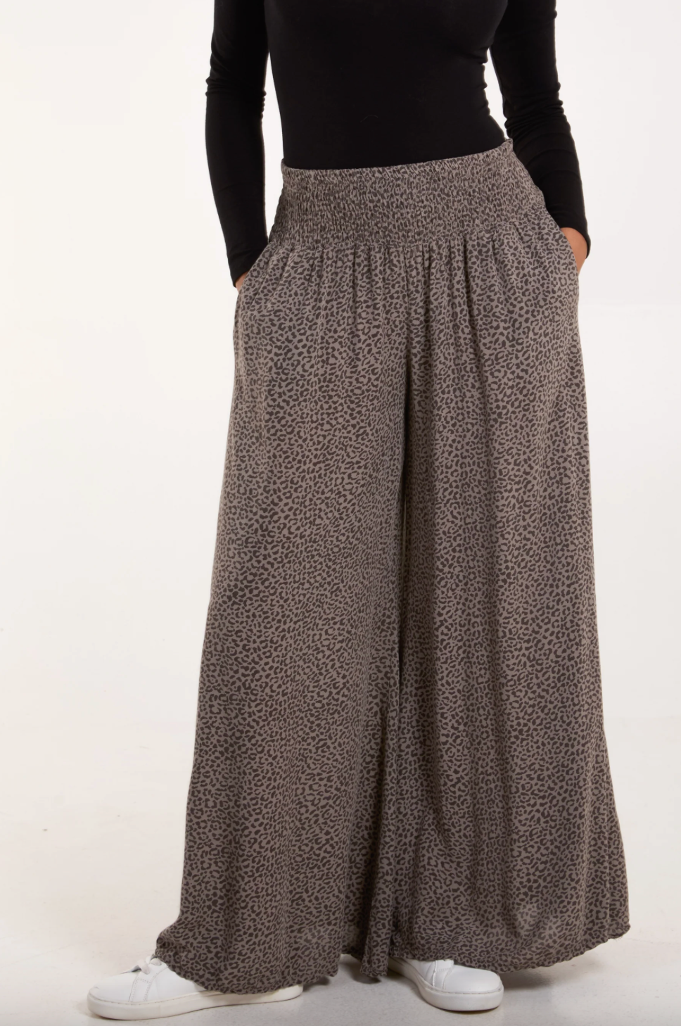 Leopard Print Elasticated Waist Wide Leg Trousers (Mocha)