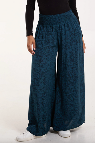 Leopard Print Elasticated Waist Wide Leg Trousers (Teal)