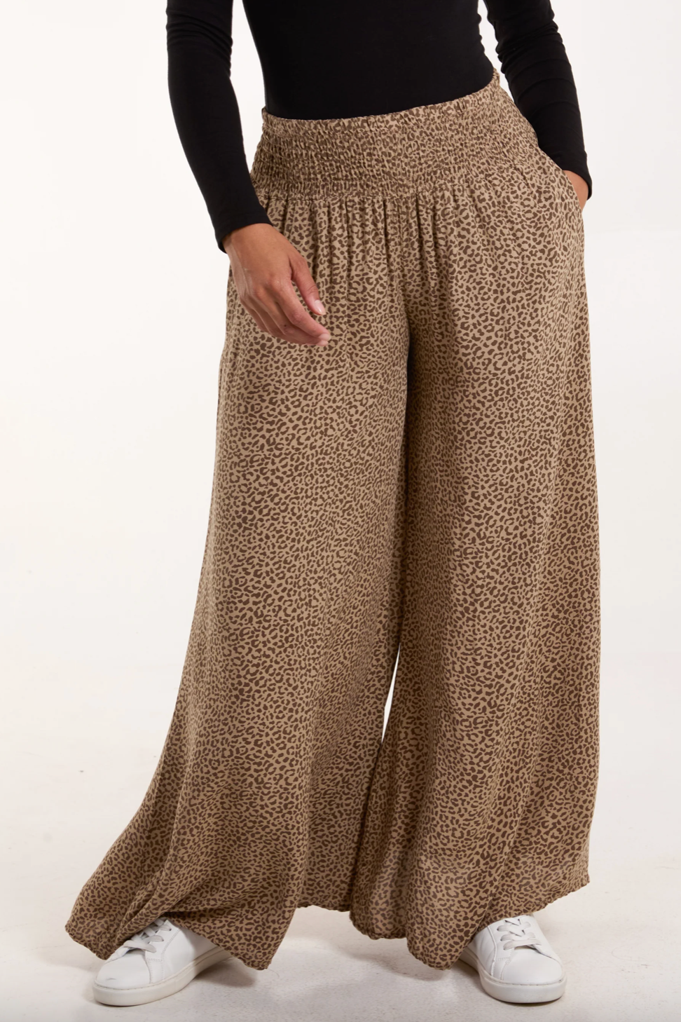 Leopard Print Elasticated Waist Wide Leg Trousers (Camel)