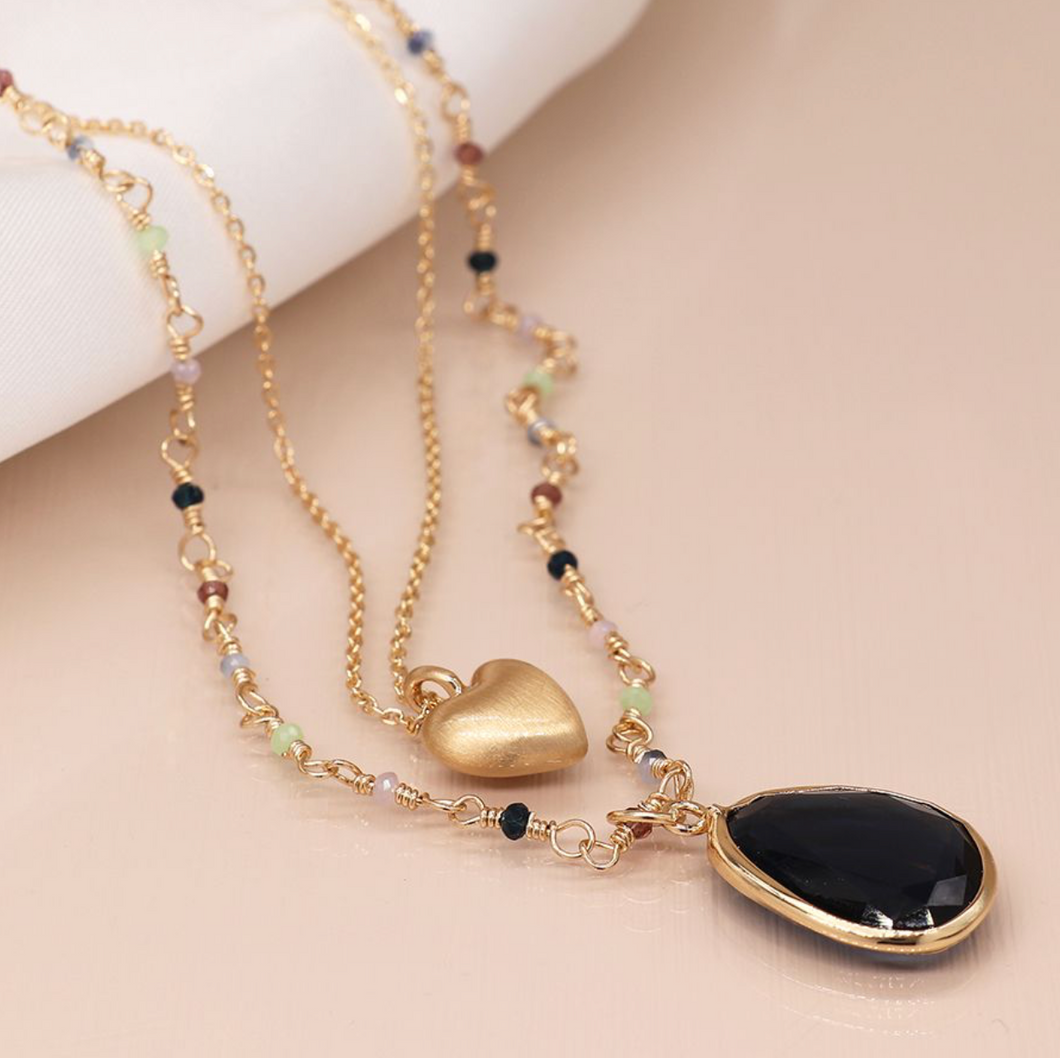 Golden Double Strand Heart & Crystal Necklace