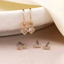 Load image into Gallery viewer, Gold Triple Crystal Stud Earrings